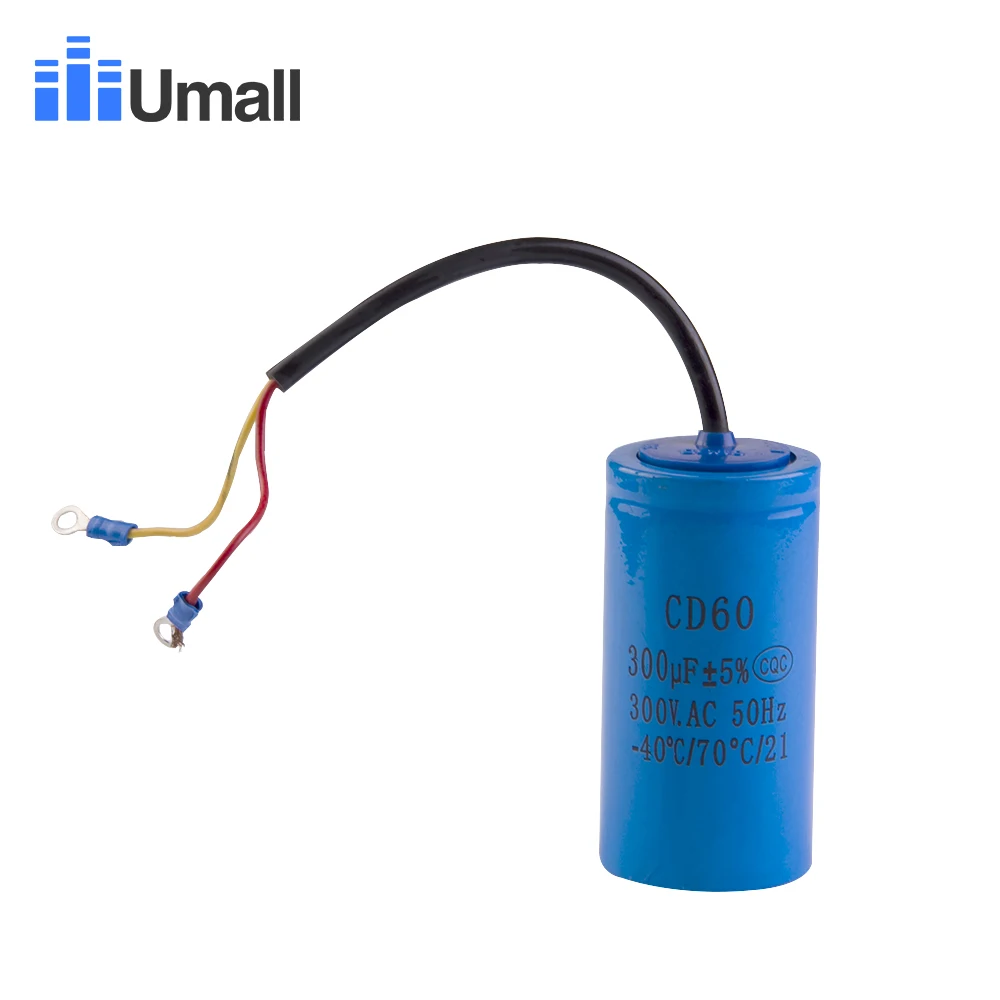 CD60 300uF 300V AC Starting Capacitor For Heavy Duty Electric Motor Air Compressor Red Yellow Two Wires