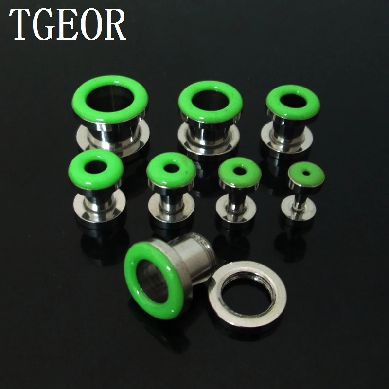 HOT body jewelry 1pcs mixed ear gauges multi colors drop oil printed stainless steel screw on Flesh Tunnel free shipping