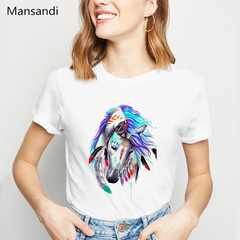 

Watercolor Horse Head Animal Printed T Shirt Women Clothes 2024 Summer Tops Tshirt Femme Harajuku Shirt Female T-Shirt