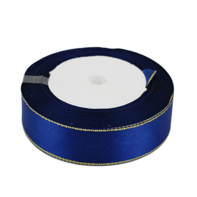 (25 yards/roll) deep blue gold Edge Satin Ribbon Wholesale Gift Christmas ribbons (6/10/25/40mm)