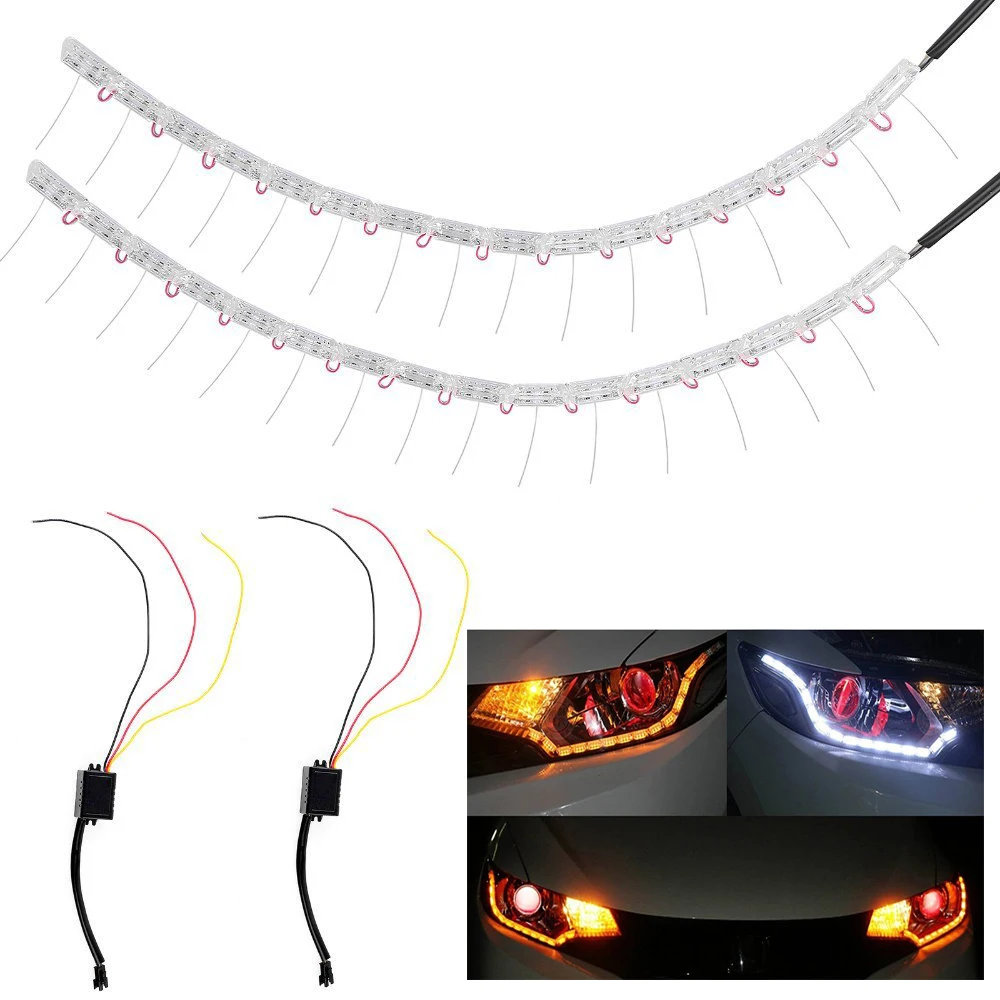 

2x 12V 8S Angel Tears LED Strip Whtie Amber Car Headlight Lamp Waterproof Flexible Strip Switchback Long Bright DRL Turn Signal