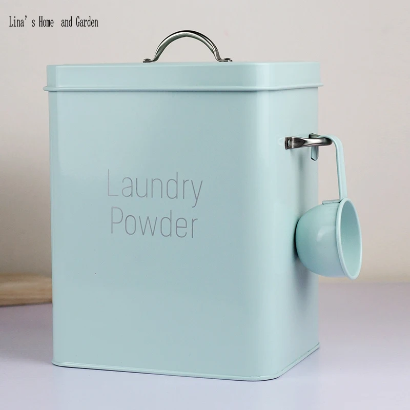 

Powder Coating Metal Laundry Powder Boxes Storage Bin with Scoop and Lid