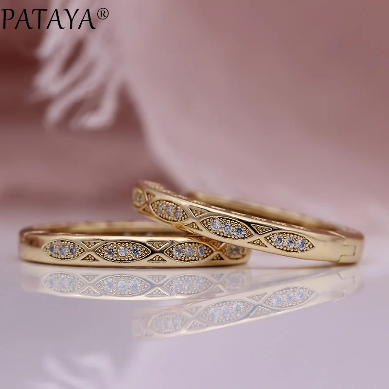 PATAYA New 585 Rose Gold Color Drop Earrings Women Wedding Jewelry White Round Natural Zircon Luxury Fashion Retro Grid Earring