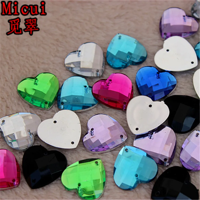 Micui 100pcs 16mm Sewing Heart Shape Rhinestone Flatback Strass Sew On Acrylic Crystal Stones For Clothes Dress Crafts ZZ121