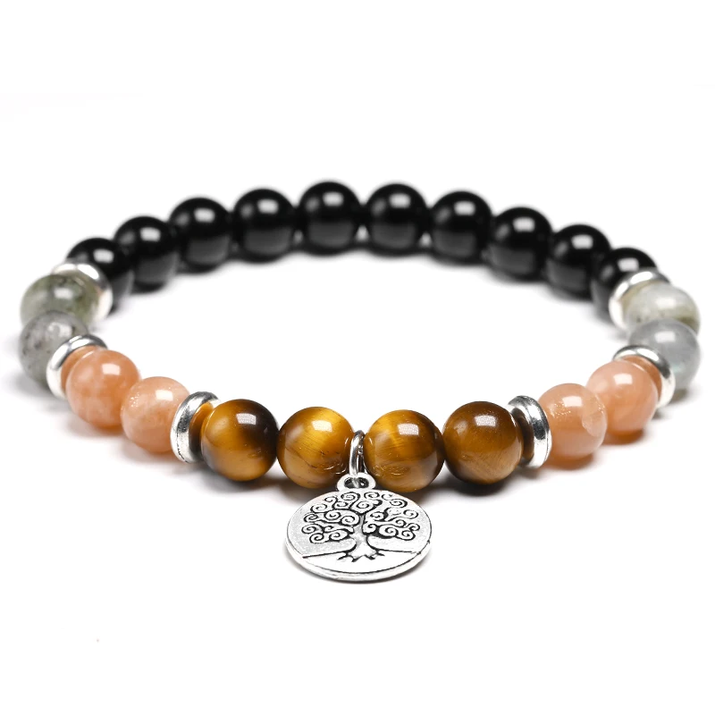 Natural Bright Black Onyx With Labradorite Beads Orange Sun stone Tiger eye Stone Bracelet Banagle Women Men Handmade Jewelry