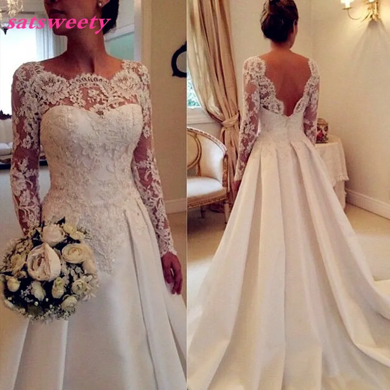 

White Ivory Long Sleeve Lace Wedding Dresses Casamento Sheer A Line Custom Made Bridal Gowns Open Back Robe De Mariee