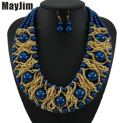 Statement Fashion Women Necklaces & Pendant Brand Vintage Collar Multilayer Chain Metal Weaving Big Pearl Jewelry Set