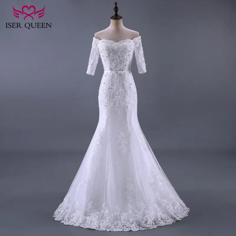 الزنانير المخصصة مع القوس نصف كم حورية البحر فساتين الزفاف الدانتيل يزين حجم كبير فستان الزفاف النساء WX0084 #1