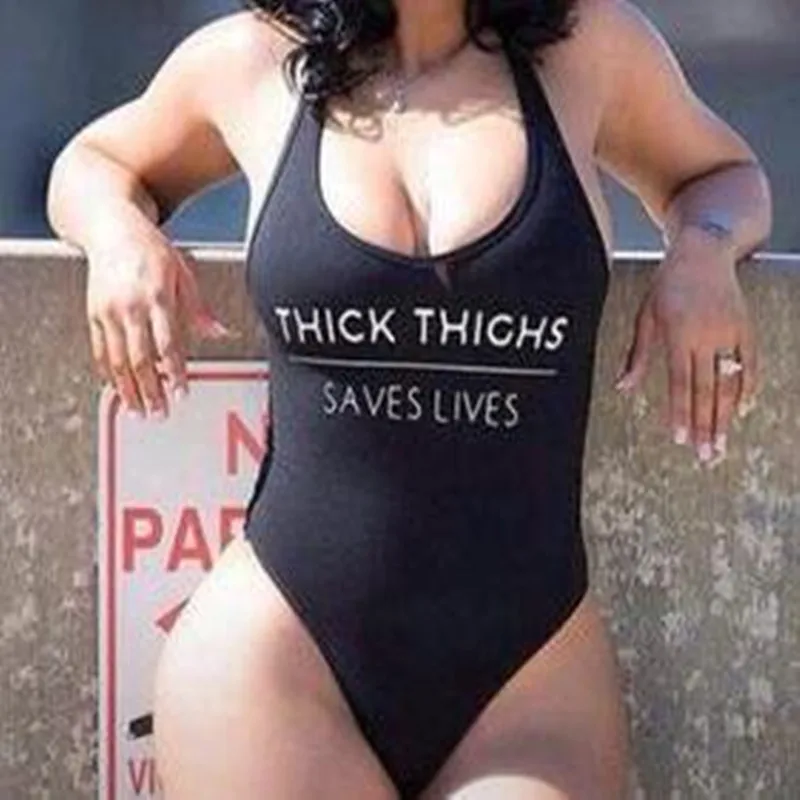 New High Cut THICK THIGHS SAVES LIVES Funny Letter Swimsuit One Piece Women Swimwear Swim Bathing Suits Black Monokini Bodysuit