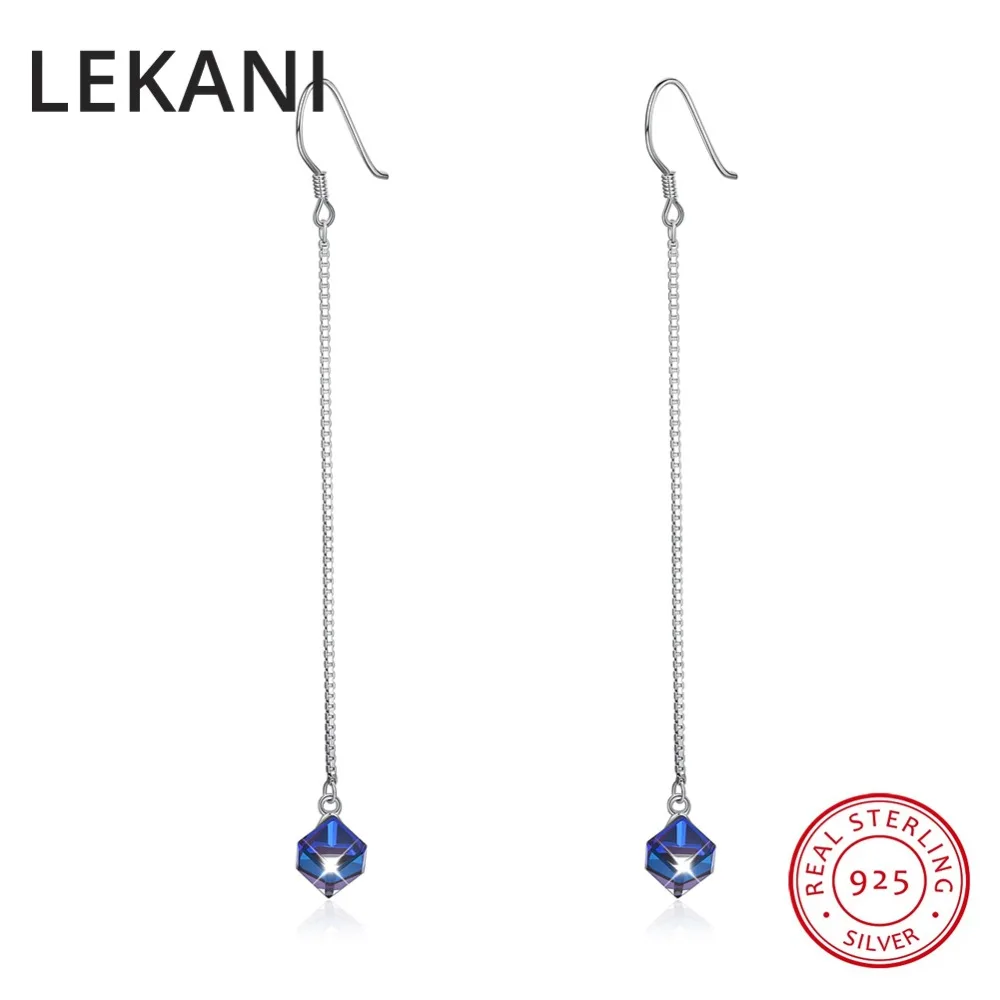 

LEKANI Crystals From SWAROVSKI Long Chain Cube Beads Drop Earrings S925 Sterling Silver Piercing Women Fine Jewelry