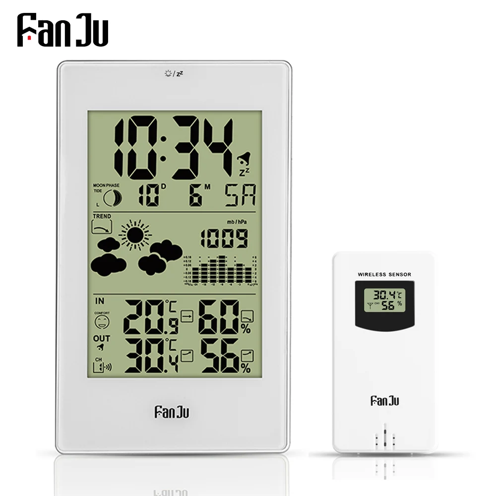 FanJu Weather Station Digital Alarm Wall Clock Temperature Humidity Wireless Outdoor Sensor Thermometer Hygrometer desktop clock