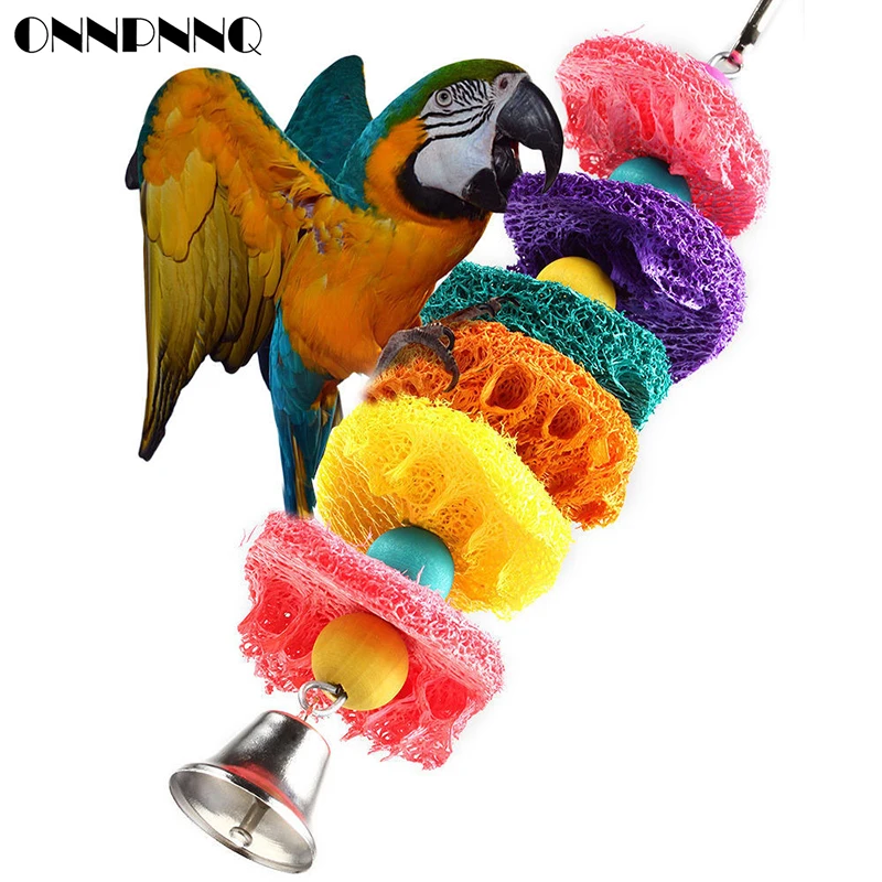 Funny Bird Toys Parrot Toys Swing Parrot Cage Natural loofah Hanging Cockatiel with Bell Parakeet Pet Bird Bites Climb Chew Toys