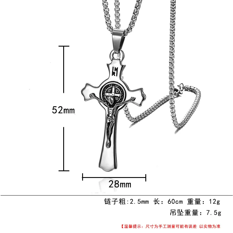 Punk Stainless Steel St Benedict Medal Holy Jesus INRI Cross Wall Crucifix Pendant Necklaces for Men Catholic Jewelry CSSML