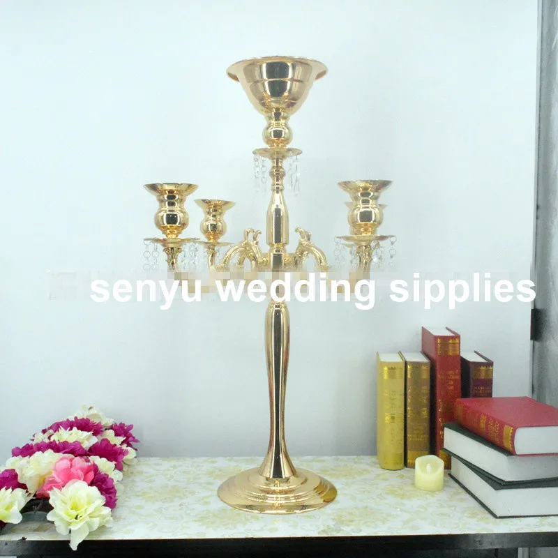 

Gold mental cylinder 5 lights candle holder wedding table centerpieces crystal candelabra senyu0266