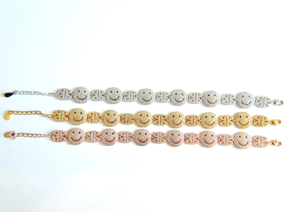 Hot Brand Woman 2017 new Sparking micro pave clear zirconia Happy face happy link chain unique stylish bracelet