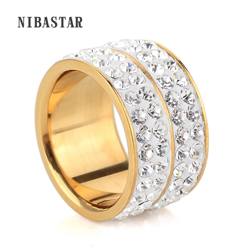 New Gold-Color Classic design Four Row Crystal Stainless steel Rings For Women Wedding Jewelry