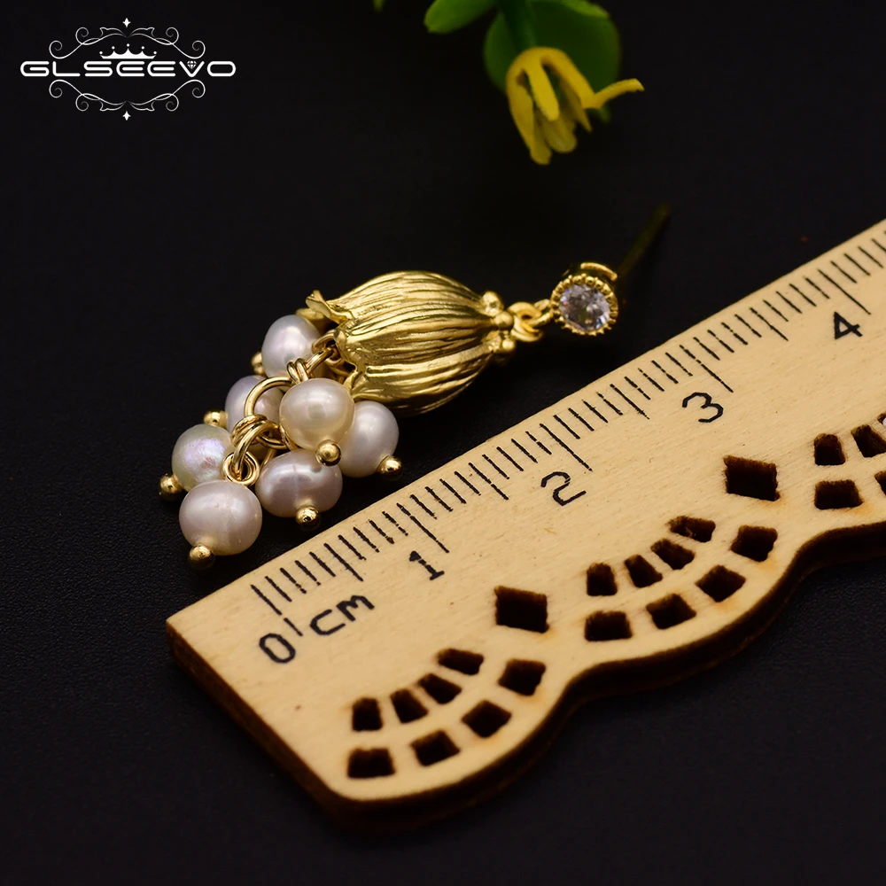 GLSEEVO Natural Fresh water Pearl Yellow Lily Flower Plant Tassel Drop Earrings For Women Shining Dangle Earrings Luxury Jewelry
