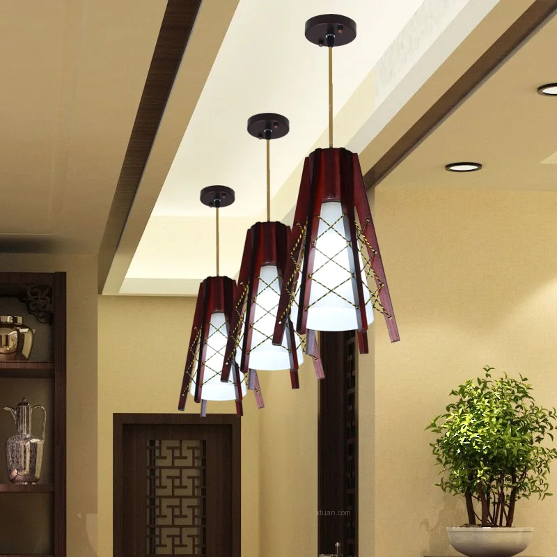 

Modern Chinese restaurant Pendant Lights single head wood glass lamp wooden pendant lamp creative small droplight bar