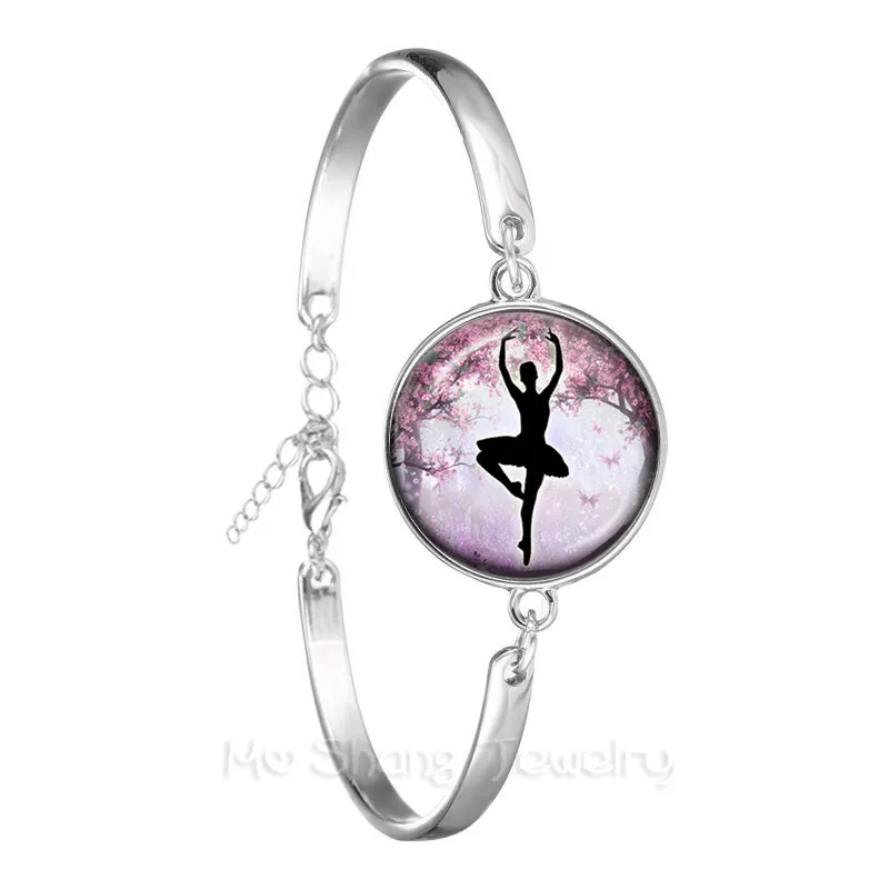 Ballerina Silhouette 18mm Glass Dome Bracelet Dancing Ballerina Silver Plated Chain Bangle For Women Beatiful Jewelry Gift