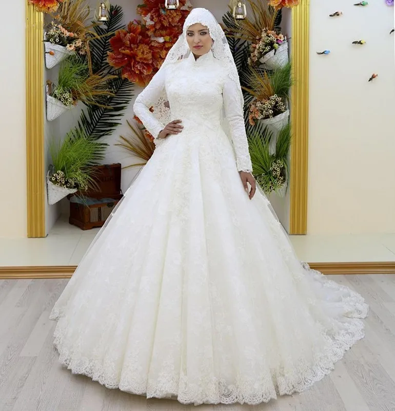 Vestidos de novia de encaje de manga larga, vestidos musulmanes de cuello alto, apliques de lujo para boda, vestidos de novia de diseño árabe saudita