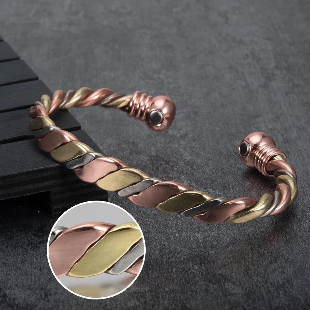 Vinterly Magnetic Bracelet Pure Copper Ball Rose Gold-color Open Cuff Adjustable Bangles for Women Twisted High Magnet Jewelry