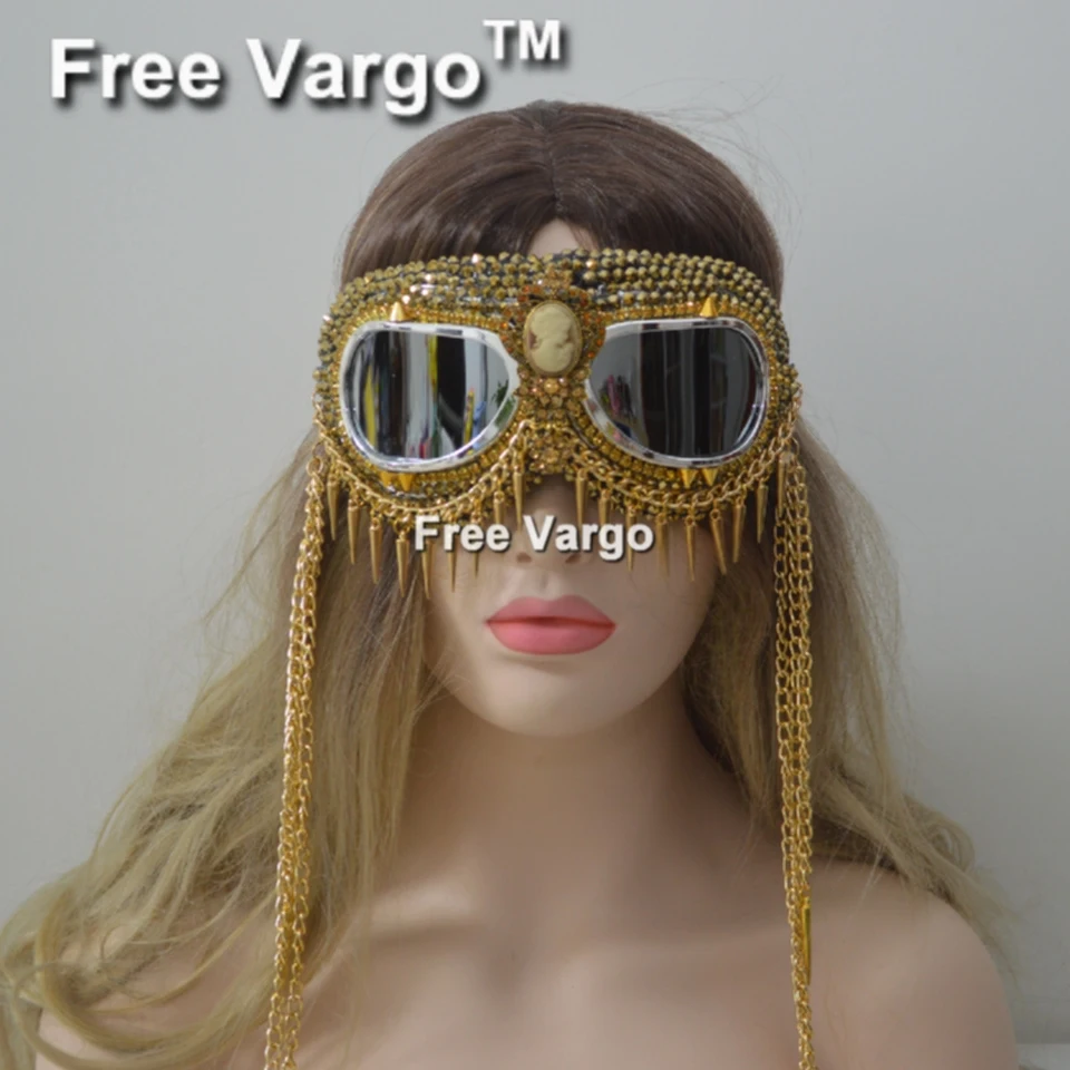 

Holographic Gold Rhinestone Rave Streampunk Burning Man Goggle Chain Spike Costume Cyber Goth Goggles Stage Dj Mask For Women