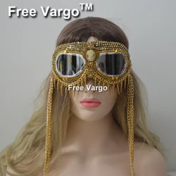 Holographic Gold Rhinestone Rave Streampunk Burning Man Goggle Chain Spike Costume Cyber Goth Goggles Stage Dj  Mask For Women