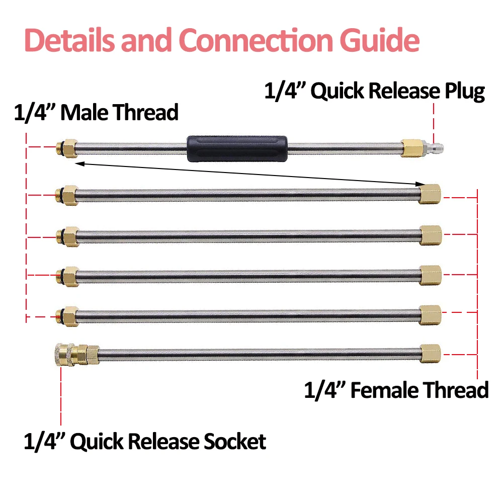 Lavadora De Pressão Wand Extension Set, Lance De Substituição, Conexão Rápida com 5 Pontas De Bico De Pulverização, 90 pol, 1/4 pol