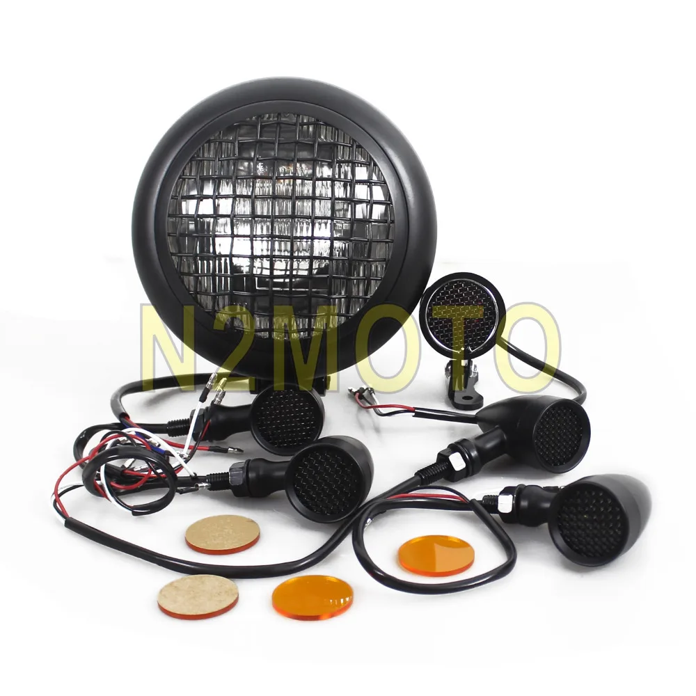 

Motorcycle Retro Vintage Custom Mesh Grille Headlight Taillight Brake Lamp 4pcs Turn Signal Light for Harley Cafe Racer Black