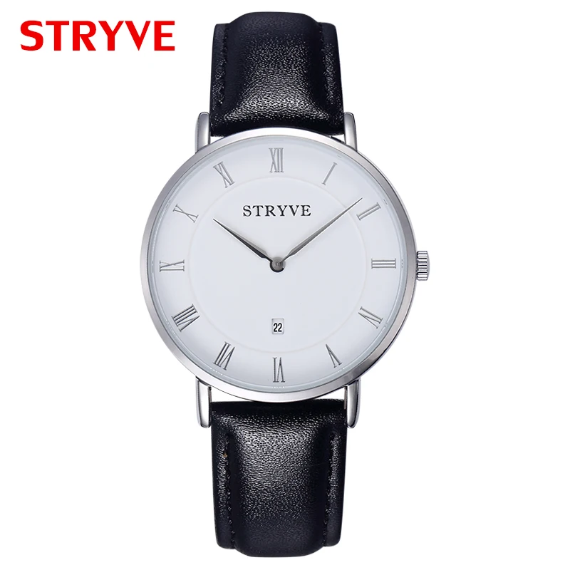 シンプルなデザイン男性ビジネス腕時計黒革のカレンダー防水 Stryve クォーツメンズファッションウォッチ Relojes Hombre