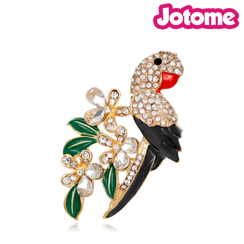 

Fashion Women Jewelry Parrot Bird Animal With Flower Rhinestone Enamel Pin Brooch