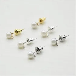 10pcs Round Imitation Pearl Earring Stud With Loop Gold Silver Color Stainless Steel Earrings Post Pins For Diy Jewelry Making