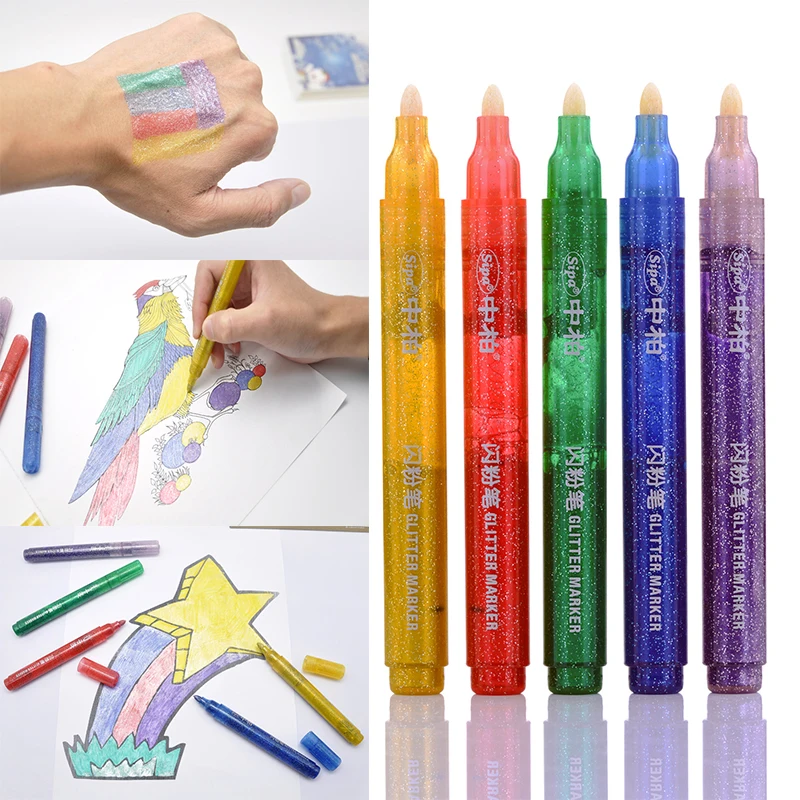 Sipa 5 PCS Color Glitter Marker Fluorescent Pen for DIY Children Card Made, Body Paint, Illustration Design, Any Craft Drawing