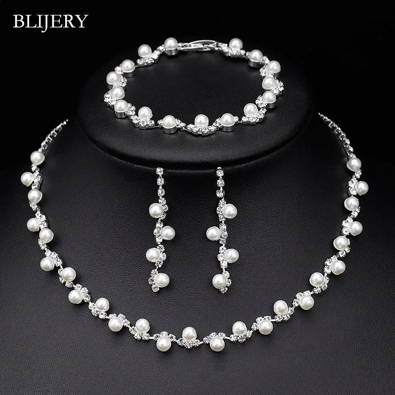 BLIJERY Fashion Simulated Pearl Crystal Bridal Jewelry Sets Simple Women Choker Necklace Earrings Bracelet Wedding Jewelry Sets