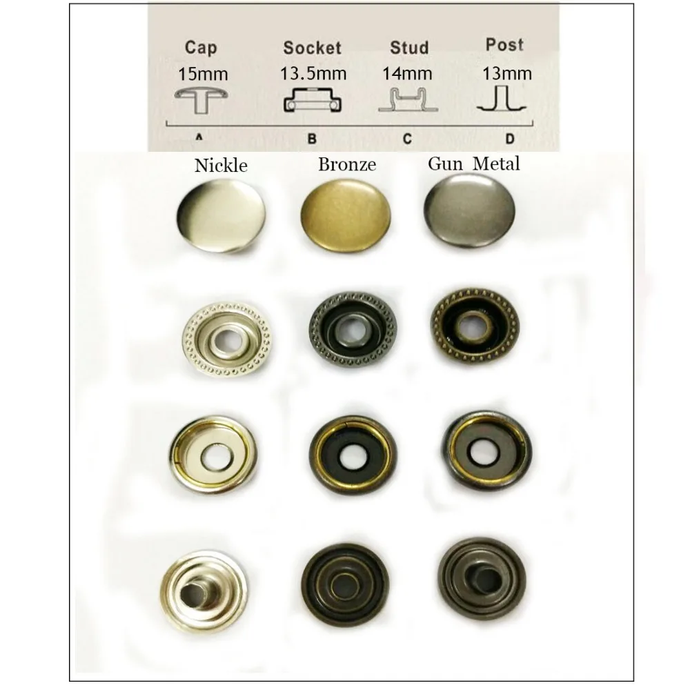 100sets/lot 15mm four part brass metal button ring snap press button snap fasteners silver, bronze, black ,ligth gold+tools