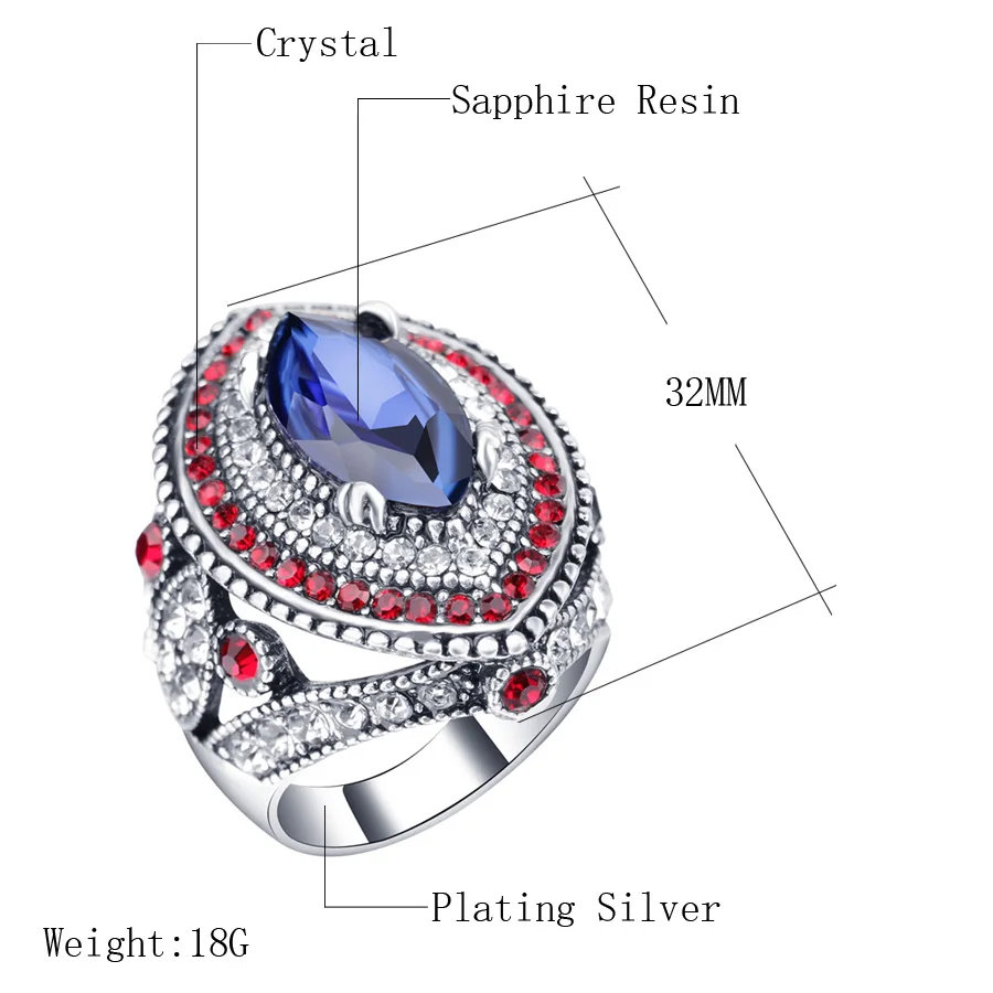 2020 New Fashion Blue Big Rings For Women Silver Color Mosaic Red Crystal Vintage Wedding Ring Jewelry