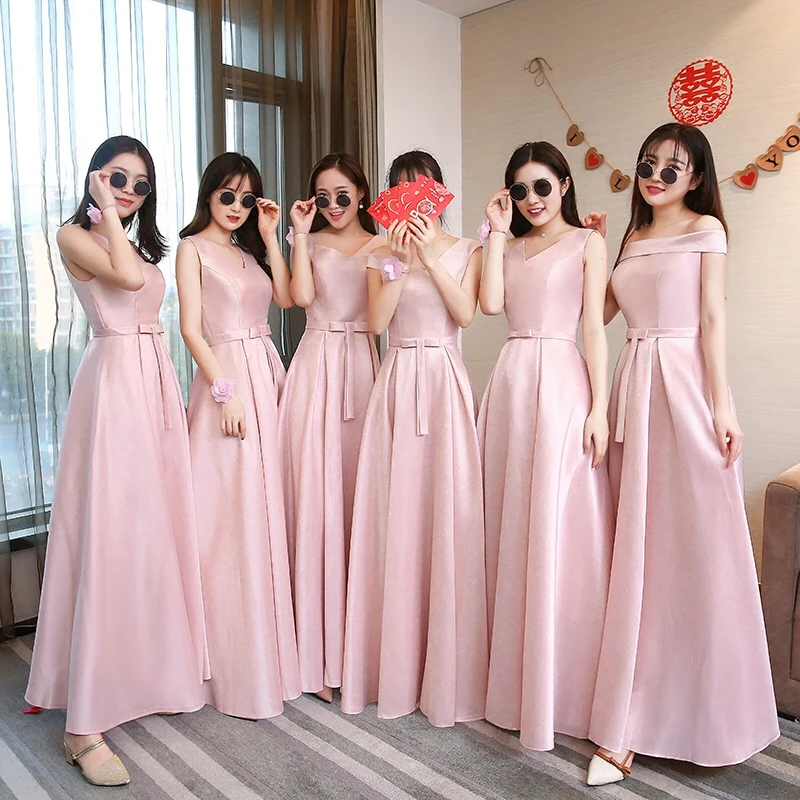 Lente Zomer Vrouwen Roze Lange Satijnen Bruidsmeisje Jurken Bruid Zus Jaarlijkse Prom Wedding Party Dress Lace Up Graduation Vestidos