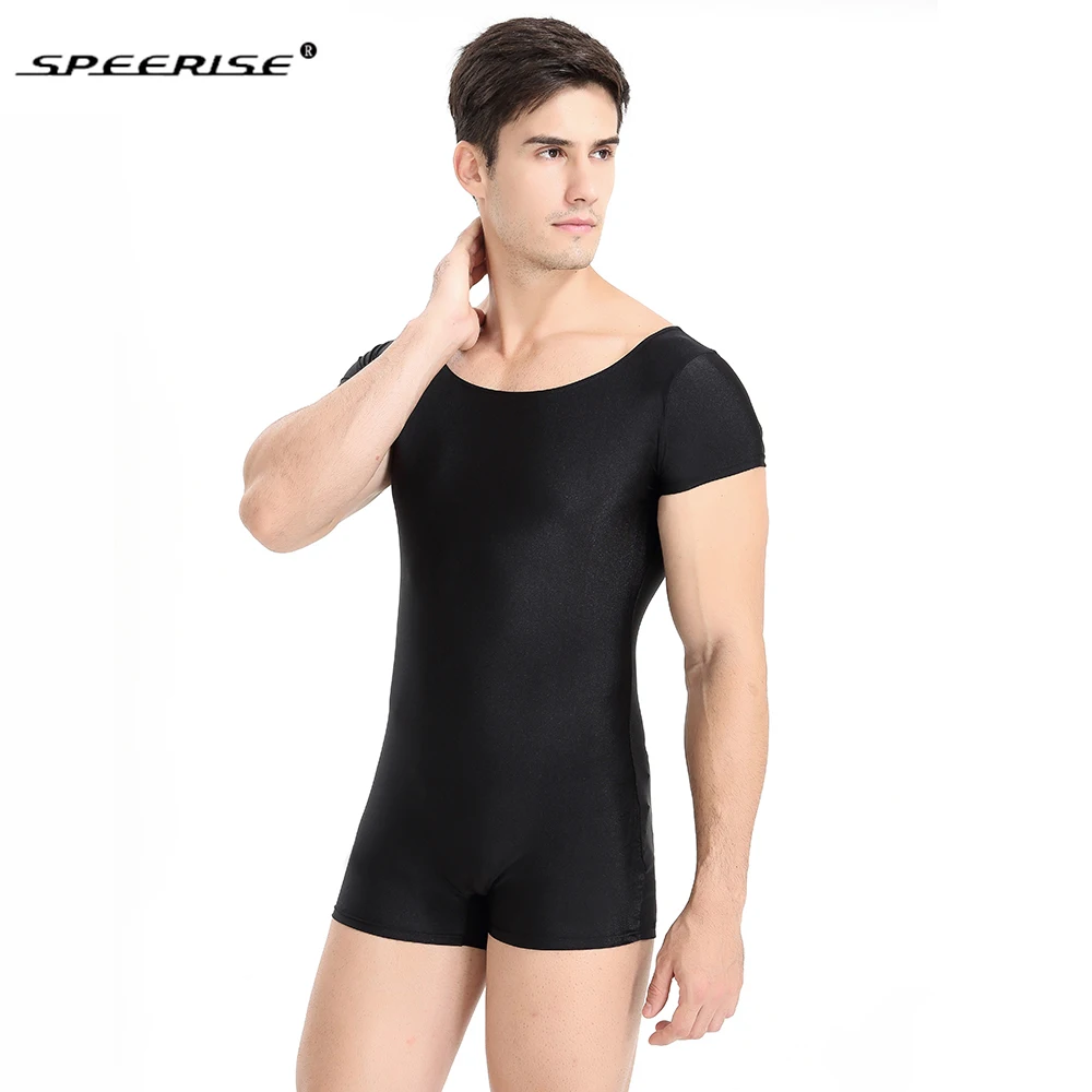 SPEERISE Men One Piece Basic Unitard Adult Ballet Short Sleeve Scoop Neck Stretch ballet Unitards Gymnastics Bodysuit Dancewear