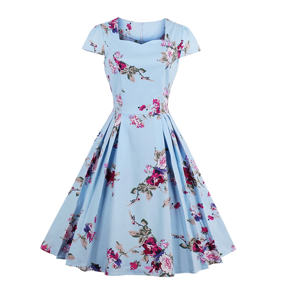 Duży rozmiar 4XL bawełna elastyczna Vintage, w kwiaty sukienki kobiety 60s Audrey Retro Rockabilly Swing elegancja sukienka Feminino Vestidos