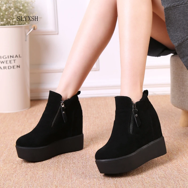 Winter Autumn wedges women high heel snow boots short plush fur ankle boots Increased Internal female platform shoes