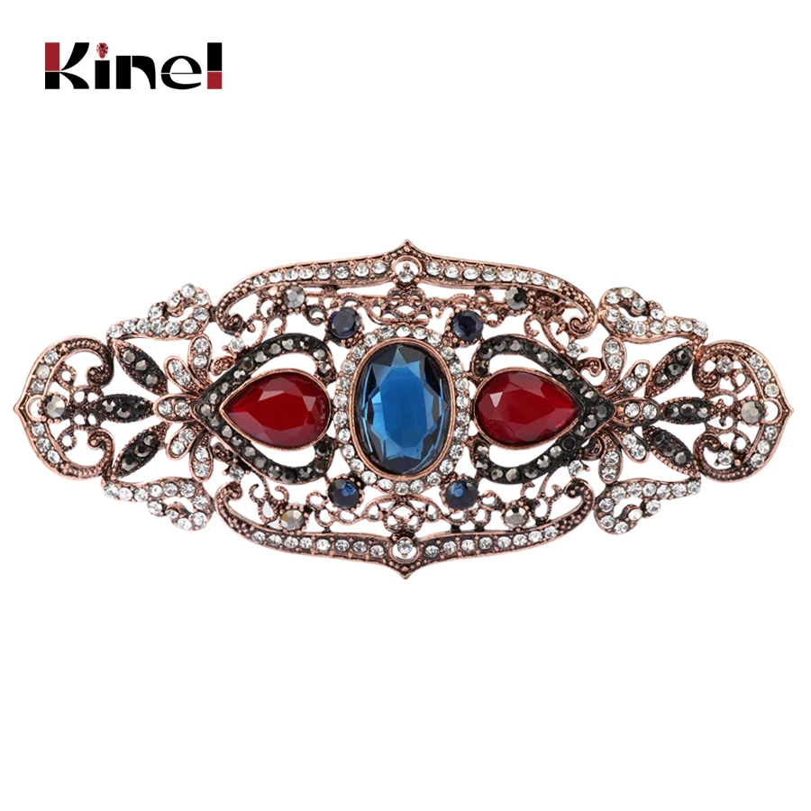 Kinel Big Size Women Brooch Ellipse Hollow Flower Cap Badge Hairpin Belt Pin Antique Gold Color Rhinestone Turkish Resin Jewelry