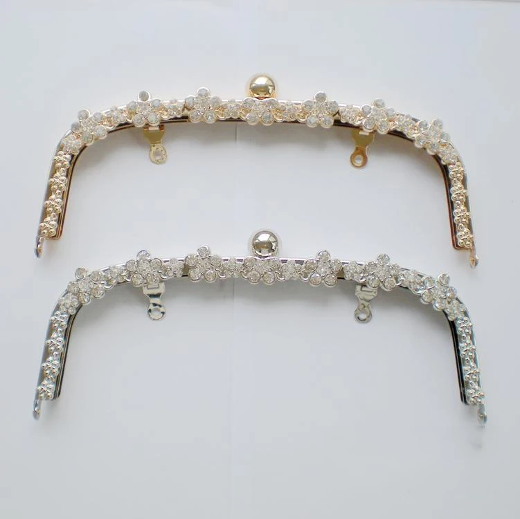 22cm golden silver color metal female DIY bag metal clasp purse frame flower diamond decoration and with free screws 2pcs/lot