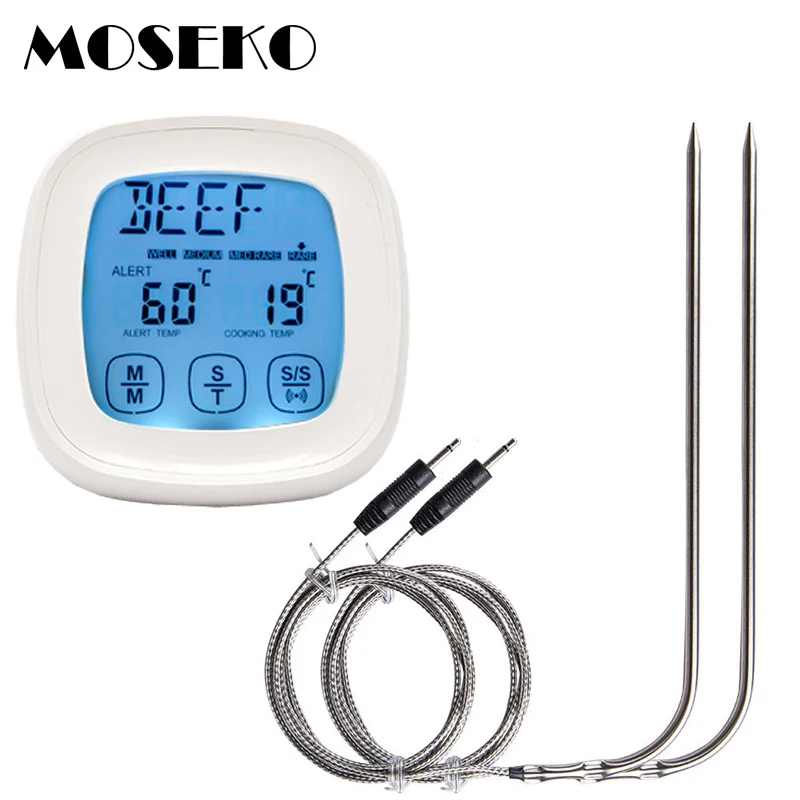 MOSEKO 2 Probes Digital Meat Thermometer,Touchscreen 2 in 1 Kitchen Timer, Instant Reading Oven Food Cooking Grill Thermometer