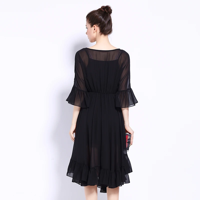 TAOYIZHUAI Summer three quarter knee length butterfly sleeve draped O neck natural black  casual style asymmetrical dress 11580