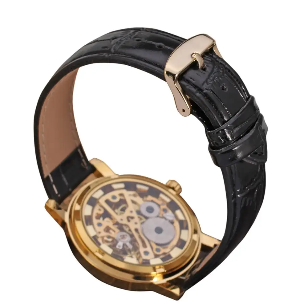 WINNER WATCH Unique surface Golden  Arabic numerals no digital dial Black leather strap men's mechanical watch