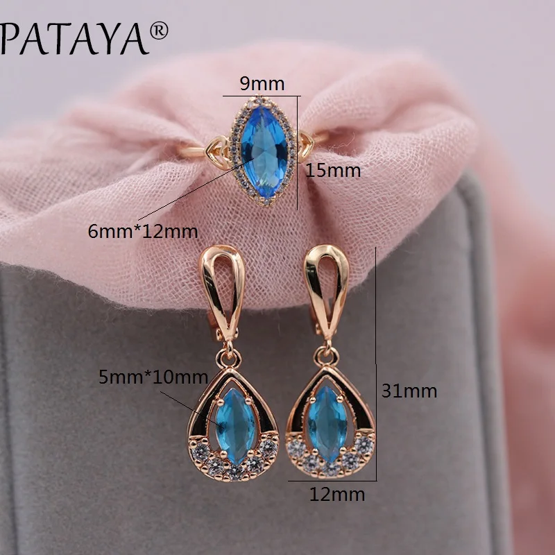 PATAYA New Exclusive 585 Rose Gold Color Drop Earrings Rings Sets Horse Eye Blue Natural Zirconia Women Wedding India Jewelry