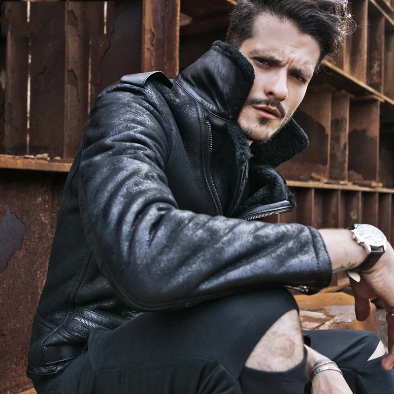 New Style Mens Genuine Leather Shearling Sheepskin Coat Classic Lapel Design Motorcycle Black Jacket