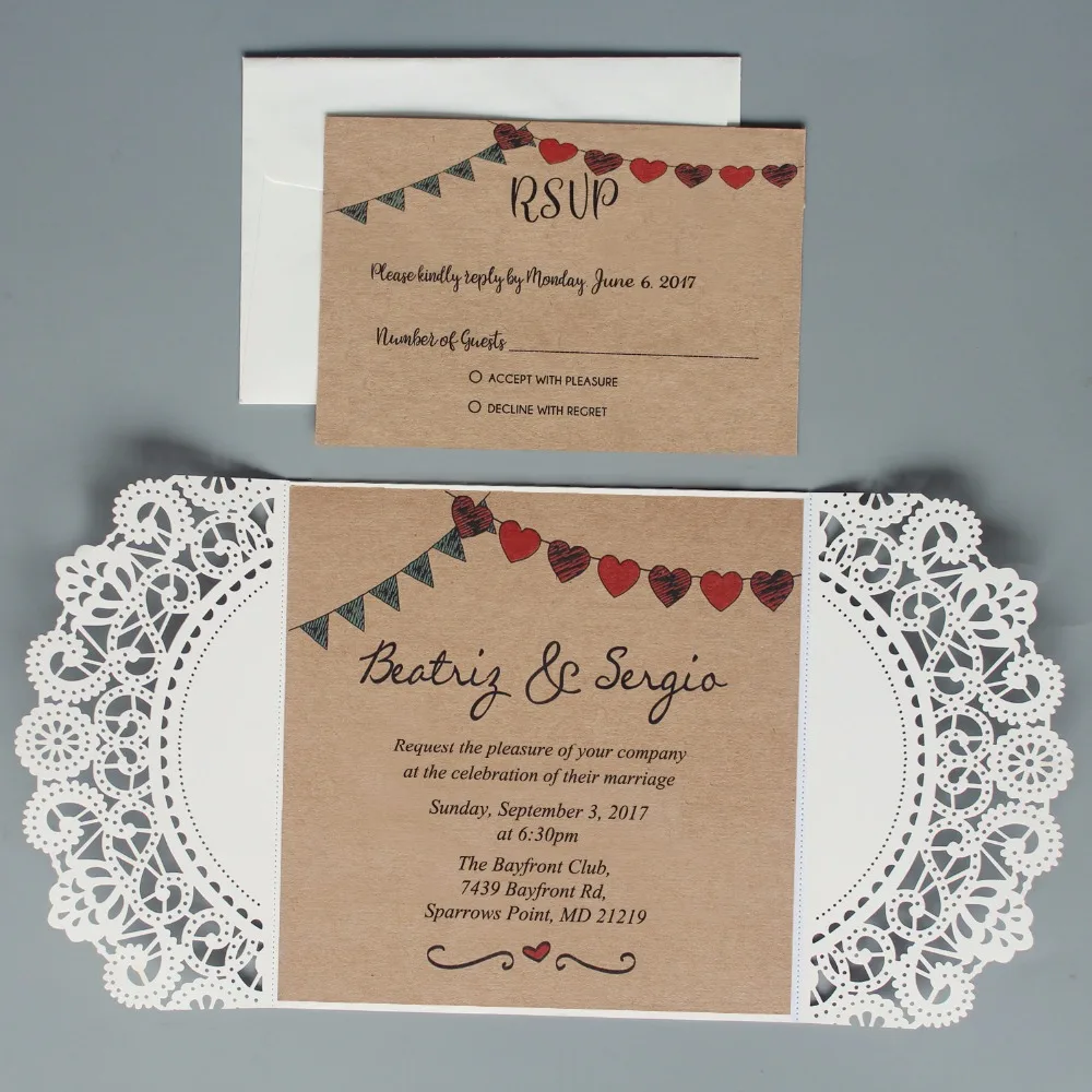 Rustic Wedding Invitation Ivory Lace Wedding Invite Kraft Paper Invitation Cards - Set of 50 pcs