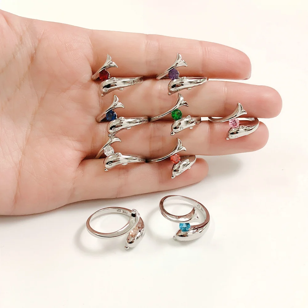 2024 New Cute Dolphin Rings For Women Girls Birthday Gift Inlaid With Colorful Birthstone Charm Jewelry Ring DWR788M