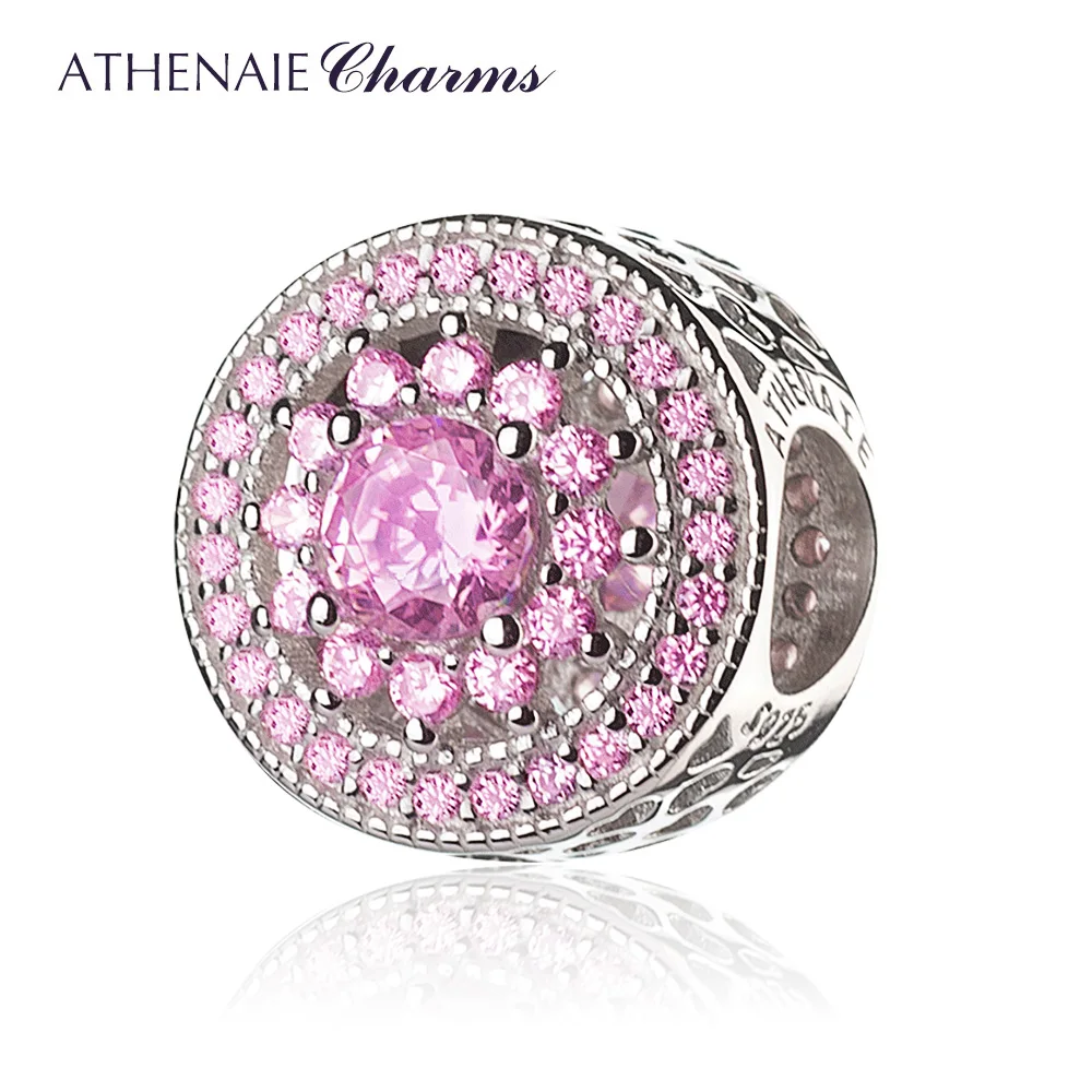 ATHENAIE 4 Colors 925 Sterling Silver with Pave Clear CZ & Rose Red Heart Radiant Openwork Charm Beads Fit Bracelets and Bangles